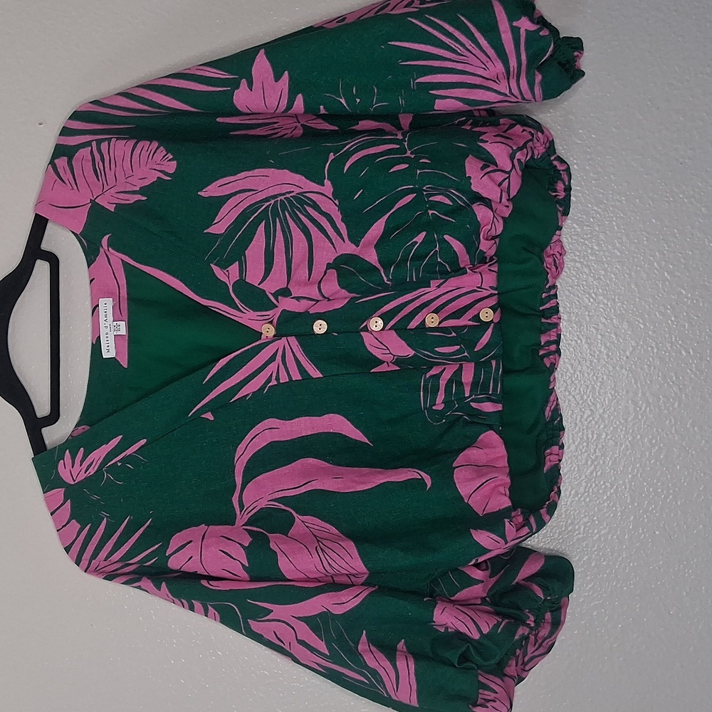 Maison d 'Amelie Paris Cropped Top Green & Pink Leaf Tropical Print M - Picture 2 of 16